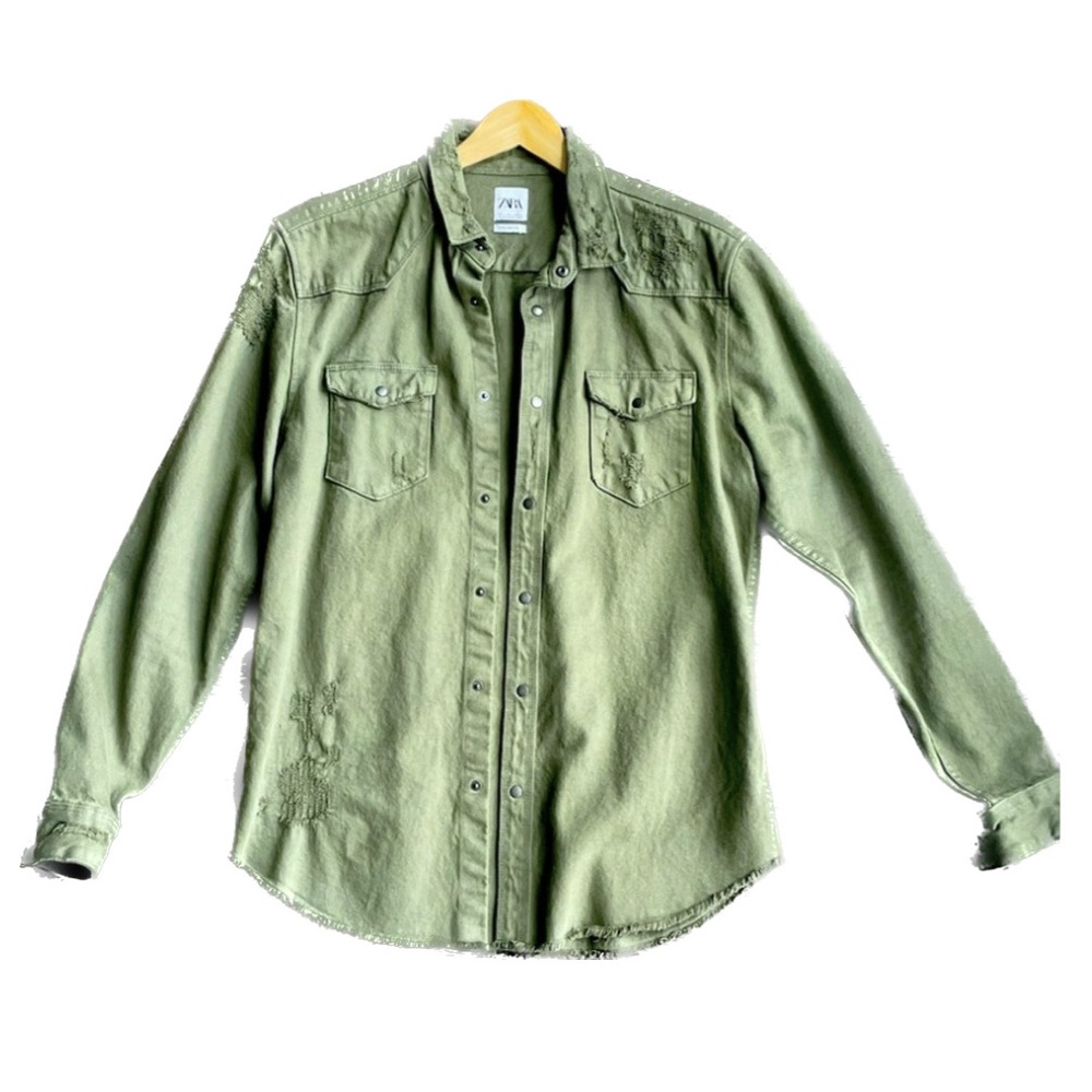 Men's L Zara Olive Green distressed button down shirt jacket